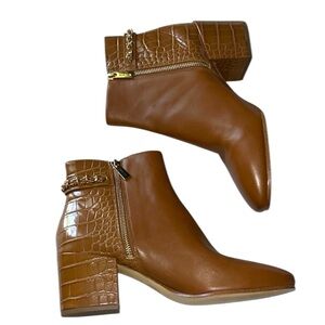 Michael Kors Alane Chestnut Brown Croc Embossed Leather Ankle Boots